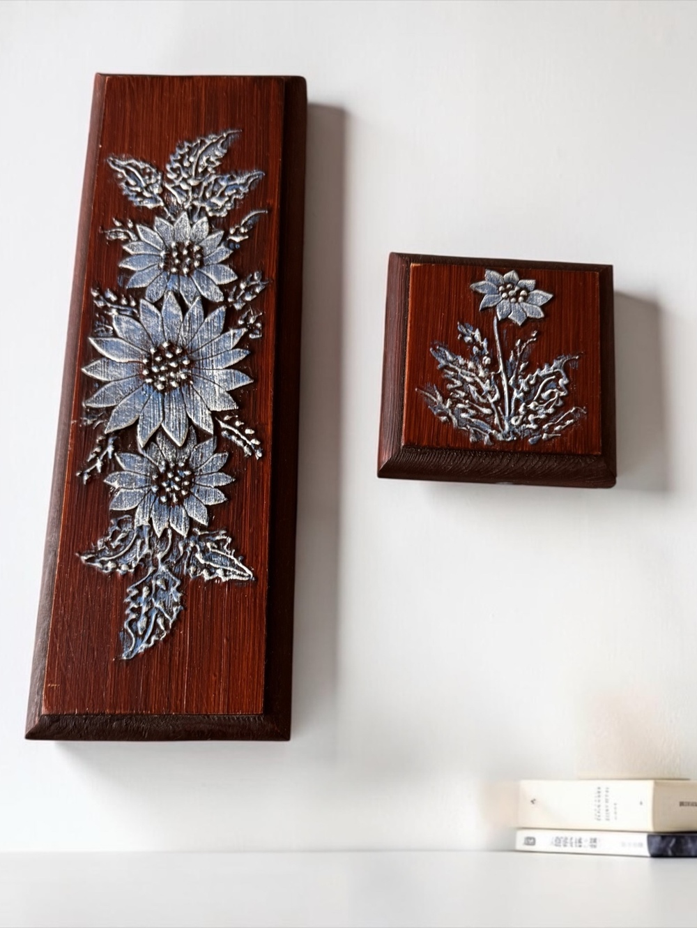 Vintage Beth Ritter Bas-Relief Floral Wall Art Set of 2 Wood Silver Flowers